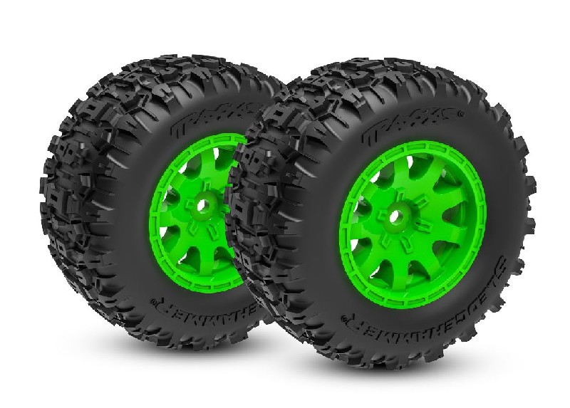 Traxxas Tires & wheels, assembled (green wheels)(rear)(2)
